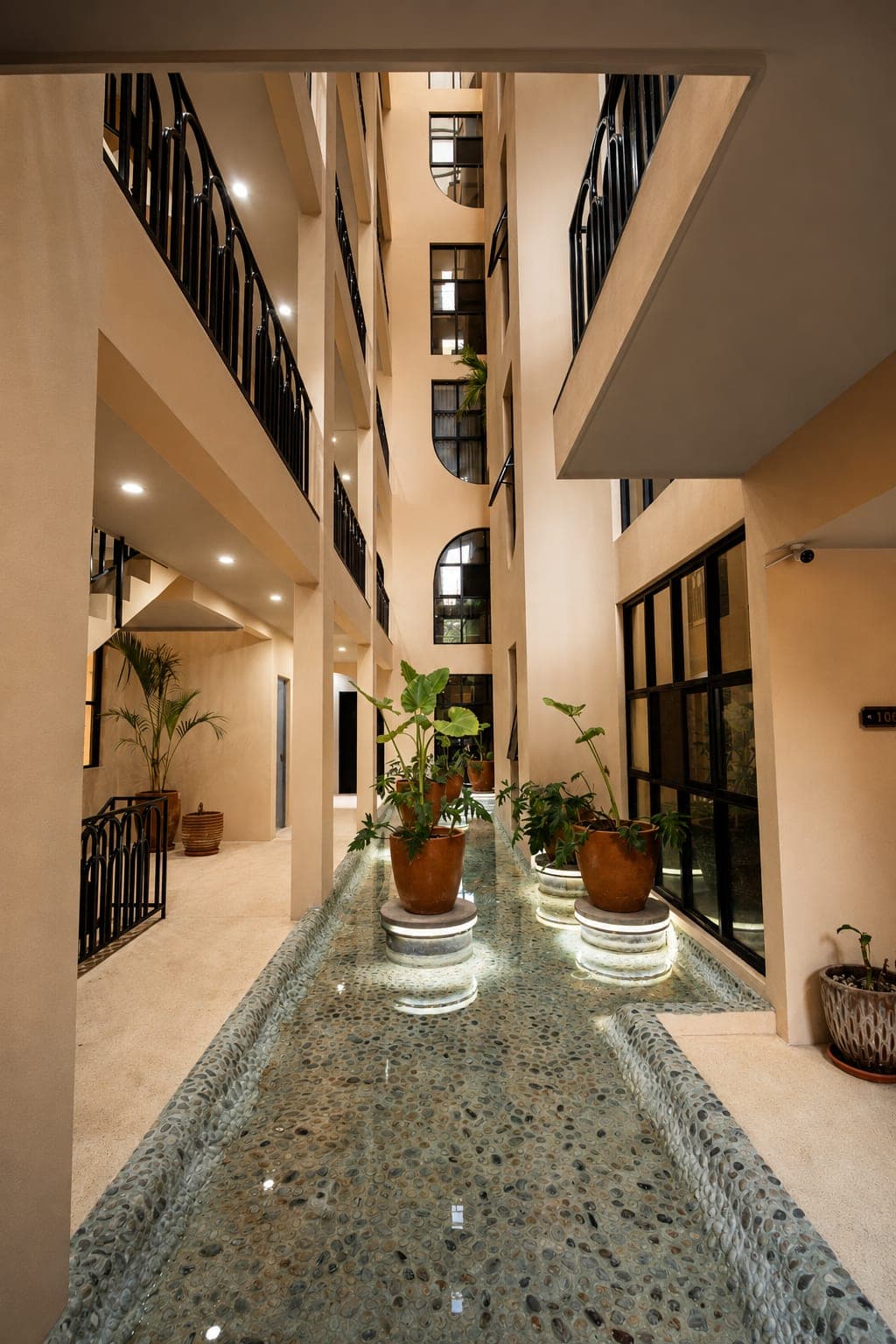 El patio interior de Marbella a ras de piso, con el espejo de agua y los pasillos de arriba